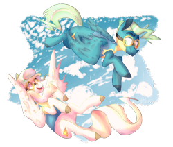 Size: 2040x1729 | Tagged: safe, artist:keursh29, imported from derpibooru, sky stinger, vapor trail, pegasus, pony, clothes, cloud, duo, female, goggles, male, mare, simple background, sky, stallion, transparent background, uniform, wonderbolt trainee uniform