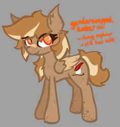 Size: 2200x2329 | Tagged: safe, artist:foxtrnal, imported from derpibooru, oc, oc only, oc:amber wings, pegasus, pony, alternate hairstyle, alternate universe, amber eyes, bandage, female, freckles, gray background, mare, rule 63, simple background, solo, text