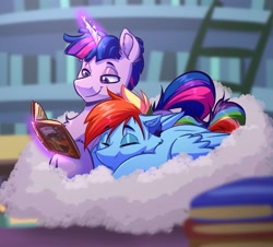 Size: 2008x1816 | Tagged: safe, artist:witchtaunter, imported from derpibooru, daring do, rainbow dash, twilight sparkle, alicorn, pegasus, pony, book, cloud, commissioner:navelcolt, cuddling, duo, duo male, dusk shine, duskblitz, female, gay, ladder, lesbian, library, male, on a cloud, rainbow blitz, reading, rule 63, shipping, sleeping, sleeping on a cloud, twidash