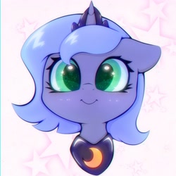 Size: 3000x3000 | Tagged: safe, artist:zokkili, imported from derpibooru, princess luna, alicorn, pony, blushing, bust, female, filly, happy, looking at you, smiling, solo, woona, younger