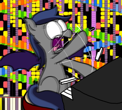 Size: 3351x3023 | Tagged: safe, artist:professorventurer, artist:sheet music boss, imported from derpibooru, oc, oc:echo, bat pony, black midi, colorful background, derp, eeee, musical instrument, piano, pun, rush e, screaming, sheet music, synesthesia