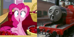 Size: 1936x968 | Tagged: safe, edit, edited screencap, imported from derpibooru, screencap, pinkie pie, party pooped, season 5, buzz buzz, cherry, comparison, faic, food, james the red engine, shocked, shocked expression, shrunken pupils, thomas and friends, tidmouth station, train, train station