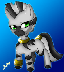 Size: 478x538 | Tagged: safe, artist:bluebean, imported from derpibooru, oc, oc only, pony, zebra, foal, frown, jewelry, solo