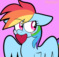 Size: 1122x1080 | Tagged: safe, artist:saveraedae, imported from derpibooru, rainbow dash, pegasus, pony, blushing, eyebrows, eyebrows visible through hair, female, heart, looking away, mare, pink background, simple background, solo