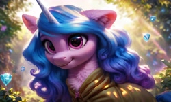 Size: 5120x3072 | Tagged: safe, imported from derpibooru, izzy moonbow, pony, unicorn, ai content, ai generated, chest fluff, clothes, crystal, ear fluff, forest, g5, generator:pony diffusion v6 xl, generator:purplesmart.ai, generator:stable diffusion, hoodie, nature, one ear down, prompter:kluknawa235, smiling, solo, tree