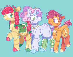 Size: 1512x1184 | Tagged: safe, artist:tottallytoby, imported from derpibooru, apple bloom, scootaloo, sweetie belle, earth pony, pegasus, pony, unicorn, alternate design, bag, blushing, bow, braid, braided pigtails, braided tail, clothes, coat markings, colored hooves, cutie mark crusaders, ear piercing, earring, female, fetlock tuft, hair bow, headband, hooves, horn, horn jewelry, jewelry, leg warmers, leonine tail, looking at each other, looking at someone, multicolored hooves, necklace, older, older apple bloom, older cmc, older scootaloo, older sweetie belle, open mouth, pearl necklace, piercing, pigtails, redesign, short mane, short tail, simple background, small wings, smiling, splotches, tail, teal background, trio, trio female, wings