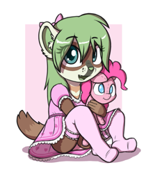 Size: 991x1109 | Tagged: safe, artist:aggie, imported from derpibooru, pinkie pie, oc, anthro, earth pony, ferret, pony, furry, furry oc, holding, plushie, sitting