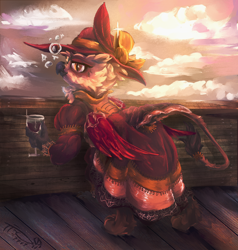 Size: 938x985 | Tagged: safe, artist:tiothebeetle, imported from derpibooru, oc, oc only, oc:remelle redwing, griffon, pony, alcohol, blushing, clothes, cloud, cloudy, commission, cute, dress, drink, drunk, drunk bubbles, glass, hat, indoors, looking at you, red wine, red wings, solo, wine, wine glass, wings