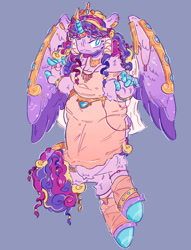 Size: 1136x1485 | Tagged: safe, artist:tottallytoby, imported from derpibooru, princess cadance, alicorn, anthro, pony, unguligrade anthro, anklet, bracelet, clothes, colored hooves, dress, ear piercing, earring, eyeshadow, female, hoof hands, horn, horn jewelry, jewelry, leonine tail, makeup, no mouth, piercing, solo, tail, tail jewelry, tiara, wing jewelry, wing piercing, wings