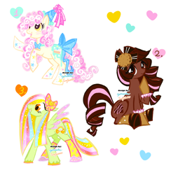 Size: 1280x1313 | Tagged: safe, artist:eyerealm, artist:junglicious64, imported from derpibooru, oc, oc only, earth pony, pegasus, adoptable, blushing, bow, bowtie, clothes, coat markings, colored hooves, colored wings, colored wingtips, curly mane, curly tail, earth pony oc, frilly socks, hair bow, hair over one eye, hat, leg warmers, multicolored mane, multicolored tail, open mouth, party hat, pegasus oc, raised hoof, simple background, sitting, smiling, socks, socks (coat markings), sparkles, sparkly mane, sparkly tail, standing, tail, tail bow, trio, unshorn fetlocks, white background, wings