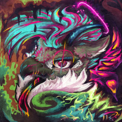 Size: 894x894 | Tagged: safe, artist:tiothebeetle, imported from derpibooru, oc, oc only, oc:fluffy (the griffon), dragon, griffon, hybrid, abstract, abstract art, avatar, beak, birthday, colorful, dragoness, female, halo, horn, hybrid oc, lightning, modern art, necktie, signature, slit pupils, solo, teeth