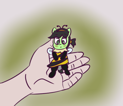 Size: 670x575 | Tagged: safe, artist:wanda, imported from derpibooru, oc, oc only, oc:filly anon, earth pony, pony, animal costume, bee costume, blushing, clothes, costume, female, filly, foal, hand, solo, tiny