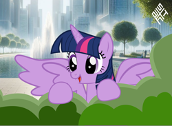 Size: 2188x1600 | Tagged: safe, artist:rarity3257, imported from derpibooru, twilight sparkle, alicorn, pony, bush, city, cityscape, cute, female, fountain, mare, park, real life background, solo, solo female, spread wings, tree, twilight sparkle (alicorn), vector, wings