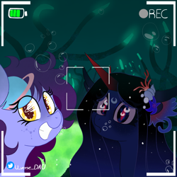 Size: 3000x3000 | Tagged: safe, artist:juniverse, imported from derpibooru, oc, oc:juniverse, oc:seirina, earth pony, phoenix, pony, sea pony, seapony (g4), siren, bubble, camera shot, clothes, colored, commision open, commission, commission example, crepuscular rays, duo, flower, flower in hair, flowing mane, ocean, photo, seaweed, selfie, smiling, space pony, surprised, swimming, undersea, underwater, underwear, water