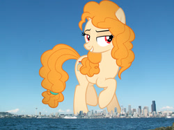 Size: 2048x1536 | Tagged: safe, artist:phucknuckl, edit, editor:jaredking779, imported from derpibooru, pear butter, earth pony, pony, attack on pony, female, giant pony, giantess, highrise ponies, irl, lidded eyes, macro, mare, photo, ponies in real life, red eyes, seattle, solo, story included, washington (state)