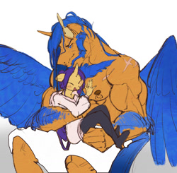 Size: 1600x1565 | Tagged: safe, artist:makkah, imported from derpibooru, flash sentry, anthro, pegasus, unicorn, arm hair, beard, chest hair, colored wings, duo, duo male and female, eyes closed, facial hair, female, flex sentry, gradient background, larger male, male, mare, muscles, muscular male, open mouth, open smile, scar, simple background, sitting, smaller female, smiling, stallion, white background, wings