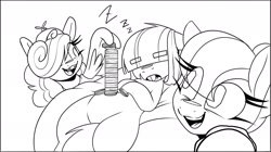 Size: 1946x1093 | Tagged: safe, artist:lockheart, imported from derpibooru, oc, oc only, oc:dot matrix, oc:n64 mare, oc:sega mare, crystal pony, earth pony, pegasus, pony, beanie, black and white, braces, eyebrows, eyebrows visible through hair, female, freckles, grayscale, hair over eyes, hair over one eye, hat, mare, monochrome, onomatopoeia, open mouth, open smile, propeller hat, simple background, sleeping, smiling, sound effects, trio, trio female, white background, zzz