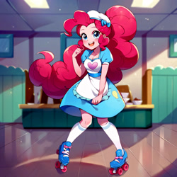 Size: 3000x3000 | Tagged: safe, imported from derpibooru, pinkie pie, equestria girls, equestria girls series, ai content, ai generated, anonymous prompter, clothes, dress, generator:pony diffusion v6 xl, generator:stable diffusion, roller skates, server pinkie pie, skates, solo