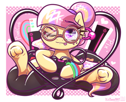 Size: 4000x3238 | Tagged: safe, artist:phoenixrk49, imported from derpibooru, oc, oc only, oc:pixel code, earth pony, pony, commission, controller, dexterous hooves, female, frog (hoof), glasses, high res, hoof hold, looking at you, mare, one eye closed, round glasses, sitting, solo, tongue out, traditional art, underhoof