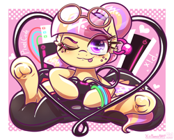 Size: 4000x3238 | Tagged: safe, alternate version, artist:phoenixrk49, imported from derpibooru, oc, oc only, oc:pixel code, earth pony, pony, commission, controller, dexterous hooves, female, frog (hoof), glasses, glasses off, high res, hoof hold, looking at you, mare, one eye closed, round glasses, sitting, solo, tongue out, traditional art, underhoof