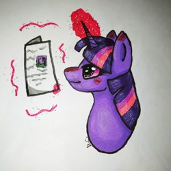 Size: 1080x1080 | Tagged: safe, artist:ahatea, imported from derpibooru, twilight sparkle, pony, unicorn, bust, female, glowing, glowing horn, horn, levitation, magic, mare, newspaper, portrait, solo, telekinesis, traditional art