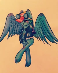 Size: 1080x1350 | Tagged: safe, artist:ahatea, imported from derpibooru, rainbow dash, pegasus, pony, blushing, bomber jacket, bust, clothes, female, goggles, goggles on head, grin, jacket, mare, smiling, solo, traditional art
