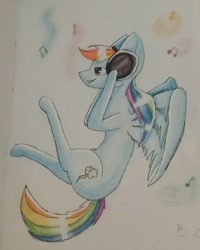 Size: 1080x1350 | Tagged: safe, artist:ahatea, imported from derpibooru, rainbow dash, pegasus, pony, female, grin, headphones, listening to music, mare, smiling, solo, traditional art