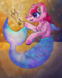Size: 1080x1350 | Tagged: safe, artist:ahatea, imported from derpibooru, pinkie pie, earth pony, fish, pony, seapony (g4), bubble, crepuscular rays, dorsal fin, female, fin, fins, fish tail, flower, flower in hair, flowing mane, mare, ocean, open mouth, open smile, scales, seaponified, seapony pinkie pie, smiling, solo, species swap, sunlight, tail, underwater, water