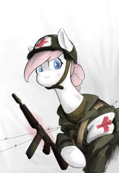 Size: 1997x2878 | Tagged: safe, artist:cirtierest, imported from derpibooru, nurse redheart, earth pony, pony, clothes, female, gun, looking at you, military uniform, soldier, soldier pony, solo, uniform, weapon