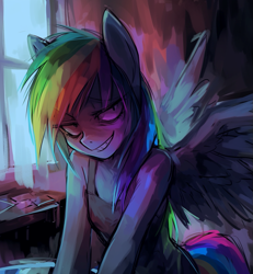 Size: 917x993 | Tagged: safe, imported from derpibooru, rainbow dash, anthro, fanfic:rainbow factory, ai content, ai generated, clothes, fanfic art, prompter:ashura54290, rainbow factory dash, solo