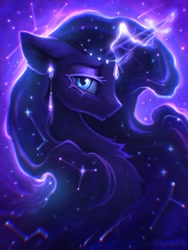 Size: 1500x2000 | Tagged: safe, artist:scheadar, imported from derpibooru, princess luna, alicorn, pony, chest fluff, constellation, ear piercing, earring, ethereal mane, female, galaxy mane, glowing, glowing horn, horn, jewelry, lidded eyes, looking at you, mare, piercing, solo, stars