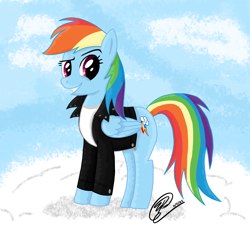 Size: 2000x1800 | Tagged: safe, artist:iamaveryrealperson, imported from derpibooru, rainbow dash, pegasus, pony, 2022, clothes, cloud, date (time), eyebrows, female, folded wings, jacket, leather, leather jacket, looking at someone, looking at something, looking at you, mare, on a cloud, raised eyebrow, shirt, signature, sky, smiling, smirk, solo, standing, t-shirt, teeth, three quarter view, wings, zipper