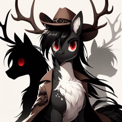 Size: 1024x1024 | Tagged: safe, imported from derpibooru, oc, oc only, oc:silver phosphene, ghost, pony, undead, ai content, ai generated, antlers, chest fluff, cowboy, cowboy hat, hat, male, prompter:v1pe4, shadow, solo