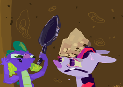 Size: 1000x707 | Tagged: safe, artist:cutebrows, imported from derpibooru, spike, twilight sparkle, food, frying pan, pancakes