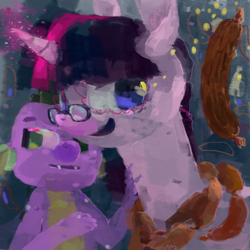 Size: 800x800 | Tagged: safe, artist:cutebrows, imported from derpibooru, spike, twilight sparkle, food, meat, sausage