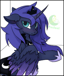 Size: 824x971 | Tagged: safe, artist:pursoul, imported from derpibooru, princess luna, alicorn, pony, blushing, crown, cute, ear fluff, female, fluffy, hoof shoes, jewelry, looking at you, lying down, mare, on side, peytral, regalia, signature, simple background, solo, spread wings, white background, wings