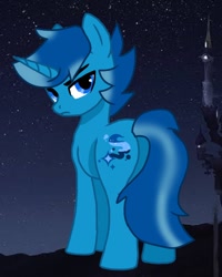 Size: 562x702 | Tagged: safe, imported from derpibooru, oc, oc only, oc:wolf blake, pony, unicorn, base used, butt, cutie mark, frown, horn, looking at you, night, plot, solo, stars