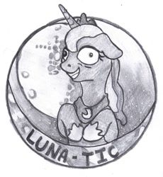Size: 552x600 | Tagged: safe, artist:dombrus, imported from derpibooru, princess luna, alicorn, pony, joke, lunatic, monochrome, moon, simple background, solo, text, traditional art, white background