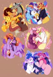 Size: 2960x4316 | Tagged: safe, artist:bunnari, imported from derpibooru, applejack, big macintosh, cheerilee, cheese sandwich, discord, fluttershy, nightmare moon, pinkie pie, princess luna, rainbow dash, rarity, sunset shimmer, twilight sparkle, butterfly, pegasus, alternate design, alternate universe, antlers, beard, bisexual, blushing, blushing profusely, cheek kiss, cheerishy, cheesecord, clothes, duo, facial hair, female, gay, horn, hug, jacket, jewelry, kissing, leather, leather jacket, lesbian, looking at each other, looking at someone, lunapie, male, mane six, necklace, no pants, painting, polyamory, raridash, rule 63, shipping, signature, spread wings, straight, sunsarity, sunsetdash, sweater, thicc thighs, twimac, watcherverse, wide hips, wings