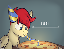 Size: 3000x2300 | Tagged: safe, artist:owloffortune, imported from derpibooru, oc, oc:paper cream, pegasus, pony, birthday, food, hat, party hat, pegasus oc, pizza, solo, wings