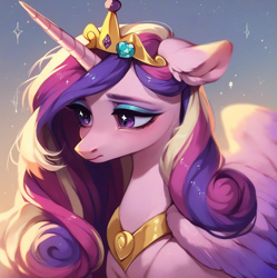 Size: 920x922 | Tagged: safe, imported from derpibooru, princess cadance, alicorn, pony, ai assisted, ai content, ai generated, blushing, crown, crystal, detailed hair, ear fluff, eyeshadow, feral, generator:purplesmart.ai, generator:stable diffusion, jewelry, makeup, prompter:saltyvity, purple eyes, regalia, sad, sad face, solo, sparkles, starry eyes, sunset, wingding eyes