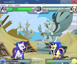 Size: 642x535 | Tagged: safe, imported from derpibooru, angel bunny, fluttershy, king grover, rarity, pegasus, pony, rabbit, unicorn, fighting is magic, animal, emoshy, female, fighting is magic aurora, game screencap, griffonstone, male, mare, statue, trio