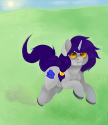 Size: 954x1100 | Tagged: safe, artist:ptg, imported from derpibooru, oc, oc only, oc:masumoto, pony, unicorn, grass, grass field, horn, male, outdoors, running, solo, stallion, tail, unicorn oc, unshorn fetlocks