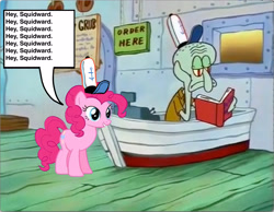 Size: 3246x2520 | Tagged: safe, artist:homersimpson1983, edit, edited screencap, imported from derpibooru, screencap, pinkie pie, earth pony, crossover, duo, female, male, meme, speech bubble, spongebob squarepants, squidward tentacles, text