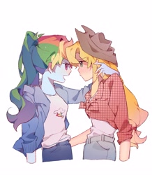 Size: 3686x4224 | Tagged: safe, artist:xinjinjumin3316237, imported from derpibooru, applejack, rainbow dash, human, equestria girls, appledash, duo, female, humanized, lesbian, open mouth, shipping