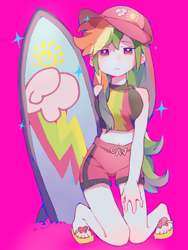 Size: 1500x2000 | Tagged: safe, artist:xinjinjumin3316237, imported from derpibooru, rainbow dash, human, equestria girls, cap, clothes, feet, hat, humanized, kneeling, magenta background, sandals, shorts, simple background, solo, surfboard, swimsuit