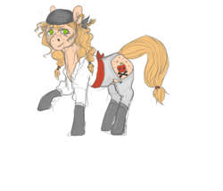 Size: 1000x856 | Tagged: safe, artist:ptg, imported from derpibooru, oc, oc only, oc:black apple cider, pony, bandana, boots, butt freckles, clothes, ear piercing, earring, female, freckles, jewelry, looking at you, mare, pants, piercing, raised hoof, shirt, shoes, simple background, smiling, solo, tail, white background