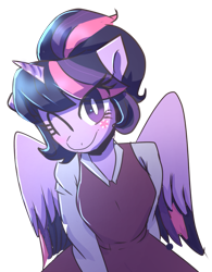 Size: 855x1094 | Tagged: artist needed, source needed, safe, imported from derpibooru, twilight sparkle, alicorn, anthro, clothes, cute, cutie mark, dress, eye clipping through hair, facial markings, female, one eye closed, ponytail, simple background, sitting, smiling, solo, transparent background, twiabetes, wink