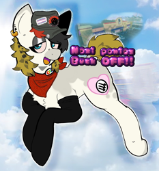 Size: 1776x1909 | Tagged: safe, artist:st0n3yp0n13, imported from twibooru, oc, oc only, earth pony, pony, alternate cutie mark, antifa, autism, bandana, cap, chest fluff, clothes, cloud, ear piercing, earring, earth pony oc, faggot, hat, high, image, infinity symbol, jewelry, lidded eyes, messy mane, open mouth, piercing, png, politics, pride, pride flag, short tail, sky, socks, solo, spots, stockings, stoned, stoner, text, thigh highs, three arrows, transgender pride flag, ugly, vulgar