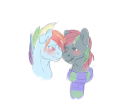 Size: 1000x856 | Tagged: safe, artist:ptg, imported from derpibooru, rainbow dash, oc, oc:sky trotter, pegasus, pony, blushing, bust, canon x oc, clothes, duo, duo male, gay, grin, lidded eyes, looking at each other, looking at someone, male, portrait, rainbow blitz, rule 63, scarf, simple background, smiling, stallion, white background